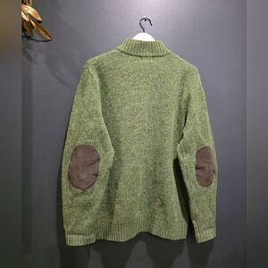 LL Bean Green Wool Sweater Corduroy Elbows Shetland Sz L Unisex Quarter Zip